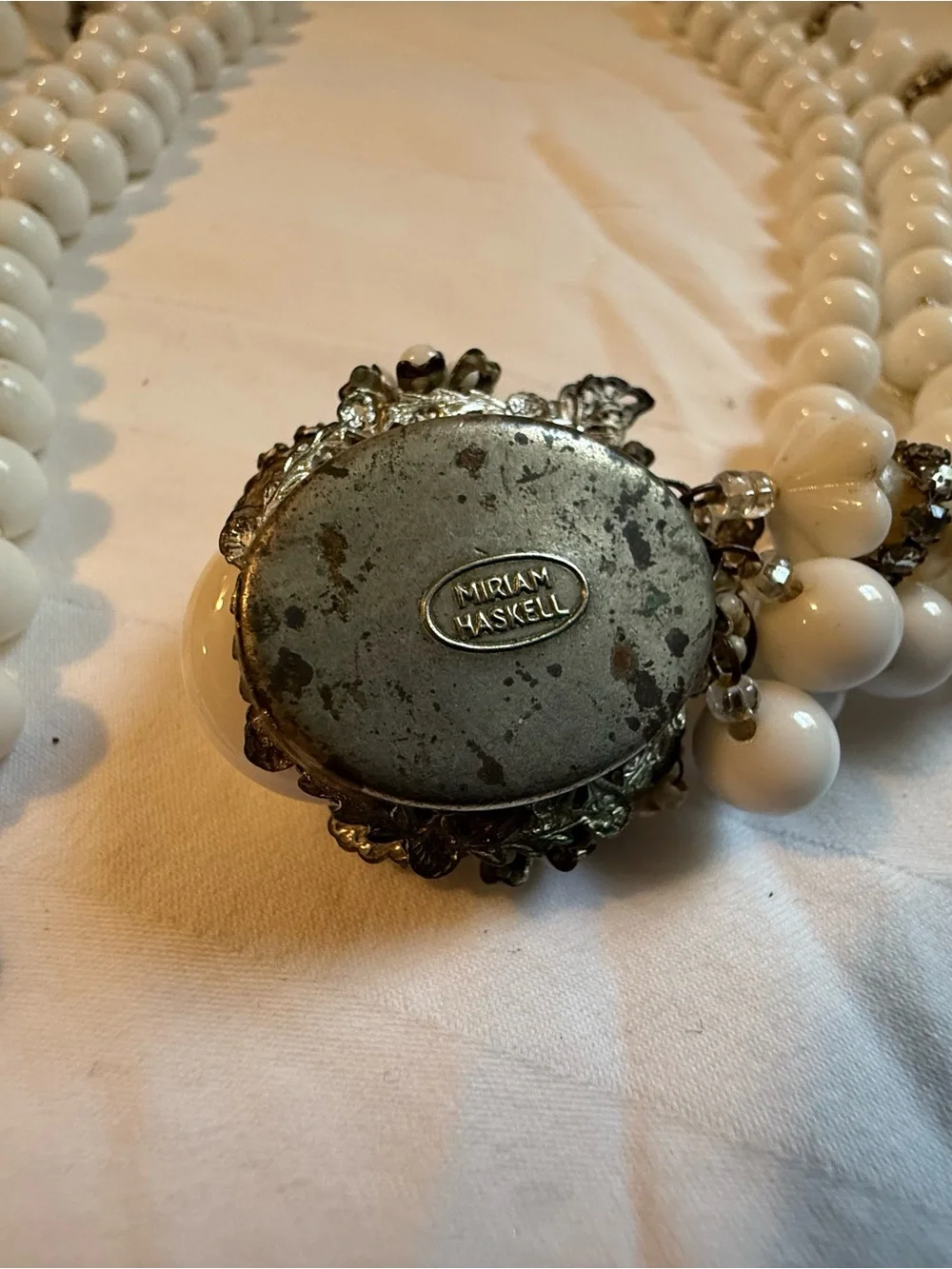 Miriam Haskell White Beaded Multi-Strand Necklace with Rhinestone Spacers